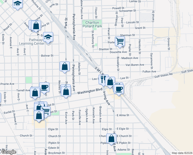 map of restaurants, bars, coffee shops, grocery stores, and more near 665 Lee Street in Beaumont