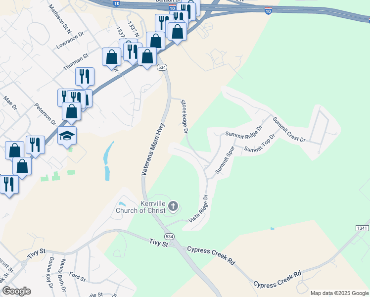 map of restaurants, bars, coffee shops, grocery stores, and more near 2121 Vista Ridge Drive in Kerrville