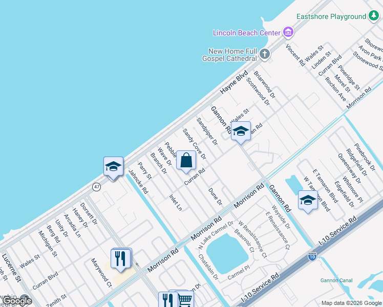 map of restaurants, bars, coffee shops, grocery stores, and more near 41336 Quaker Street in New Orleans