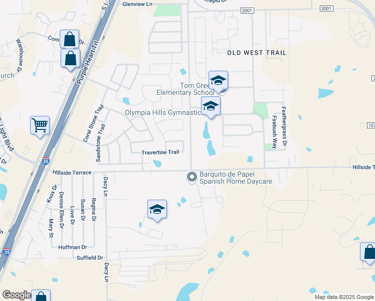 map of restaurants, bars, coffee shops, grocery stores, and more near 488 Travertine Trail in Buda