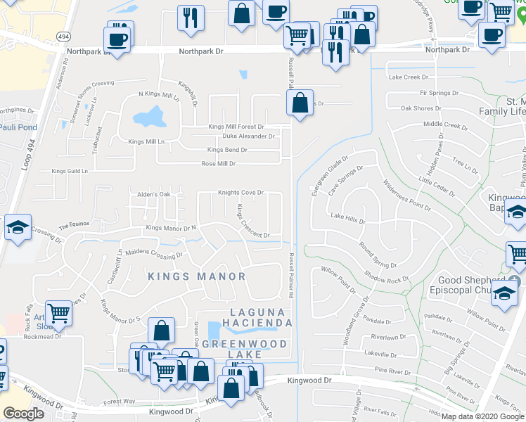 map of restaurants, bars, coffee shops, grocery stores, and more near 22865 Lantern Hills Drive in Harris County