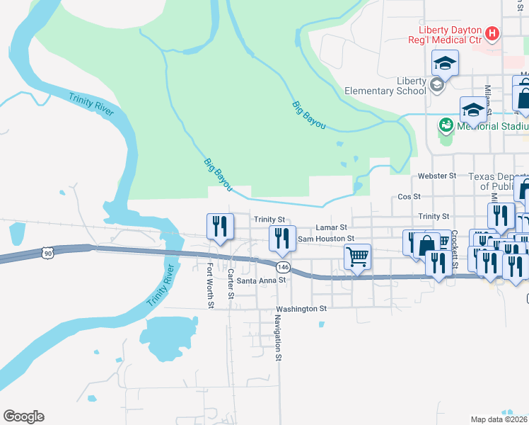 map of restaurants, bars, coffee shops, grocery stores, and more near 621 Trinity Street in Liberty