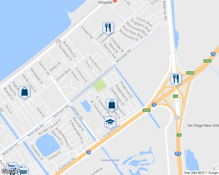 map of restaurants, bars, coffee shops, grocery stores, and more near 7170 Queensway Drive in New Orleans