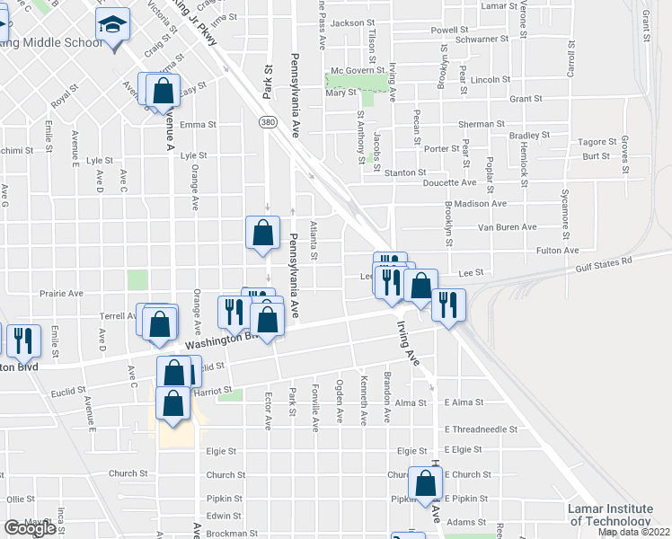 map of restaurants, bars, coffee shops, grocery stores, and more near 2718 Sabine Pass Avenue in Beaumont
