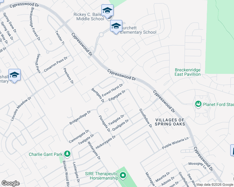 map of restaurants, bars, coffee shops, grocery stores, and more near 5007 Edgegate Drive in Spring
