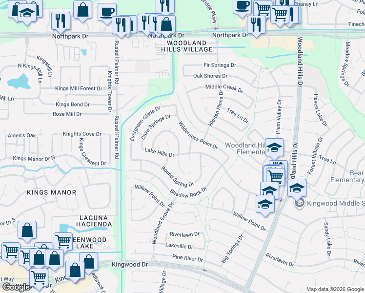 map of restaurants, bars, coffee shops, grocery stores, and more near 3310 Three Pines Dr in Humble