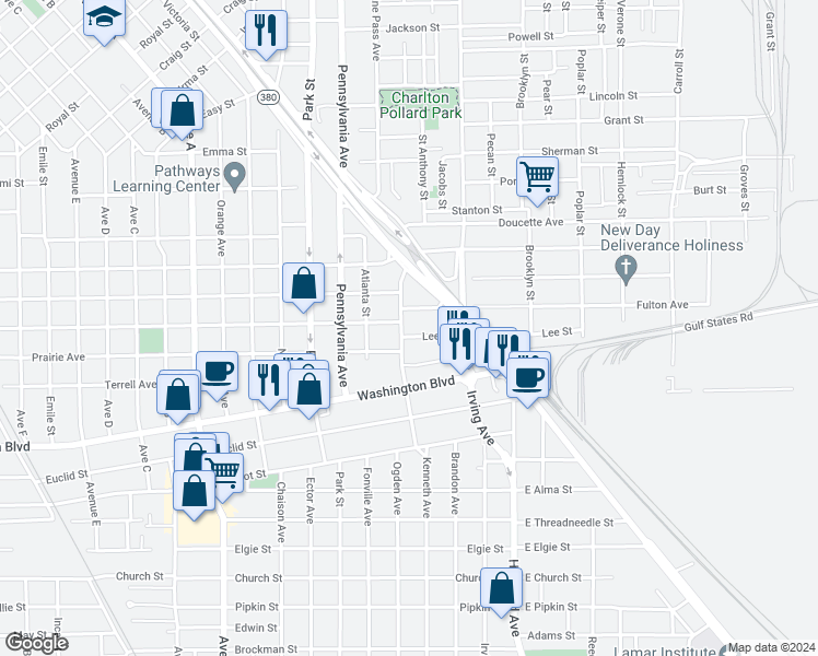 map of restaurants, bars, coffee shops, grocery stores, and more near 2718 Sabine Pass Avenue in Beaumont