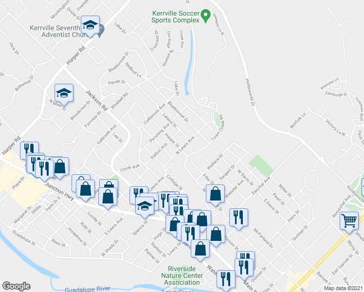 map of restaurants, bars, coffee shops, grocery stores, and more near 406 Harper Street in Kerrville