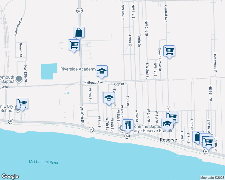 map of restaurants, bars, coffee shops, grocery stores, and more near 165 Terrance Street in Reserve