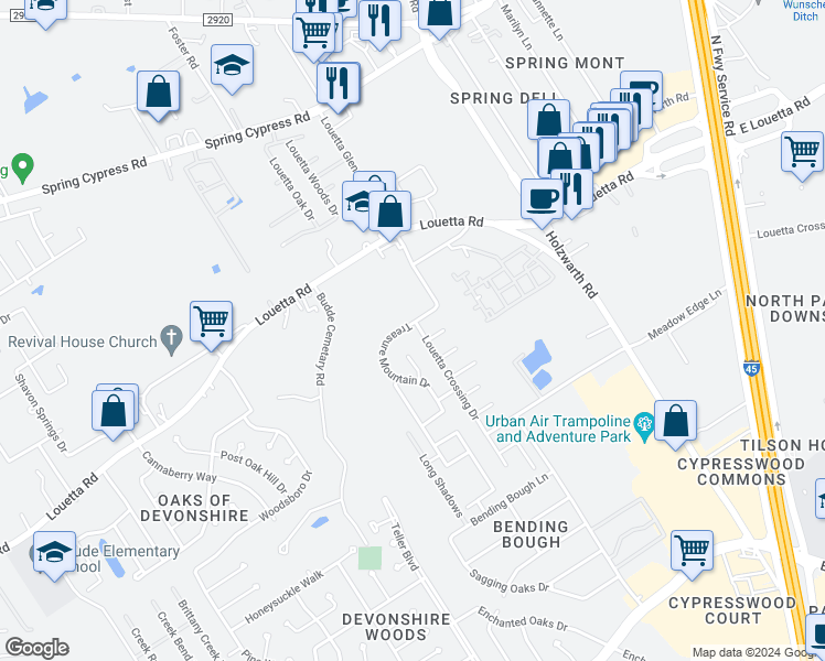 map of restaurants, bars, coffee shops, grocery stores, and more near 20439 Louetta Crossing Drive in Spring