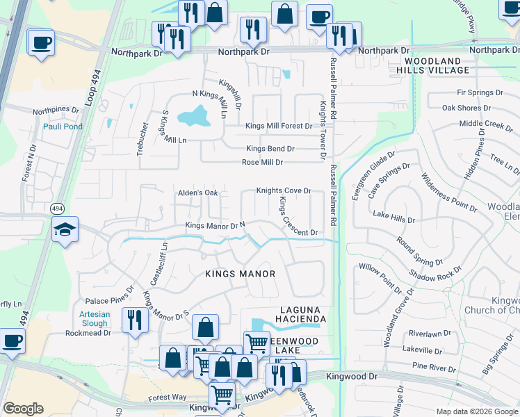 map of restaurants, bars, coffee shops, grocery stores, and more near 26864 Mystic Castle Lane in Humble