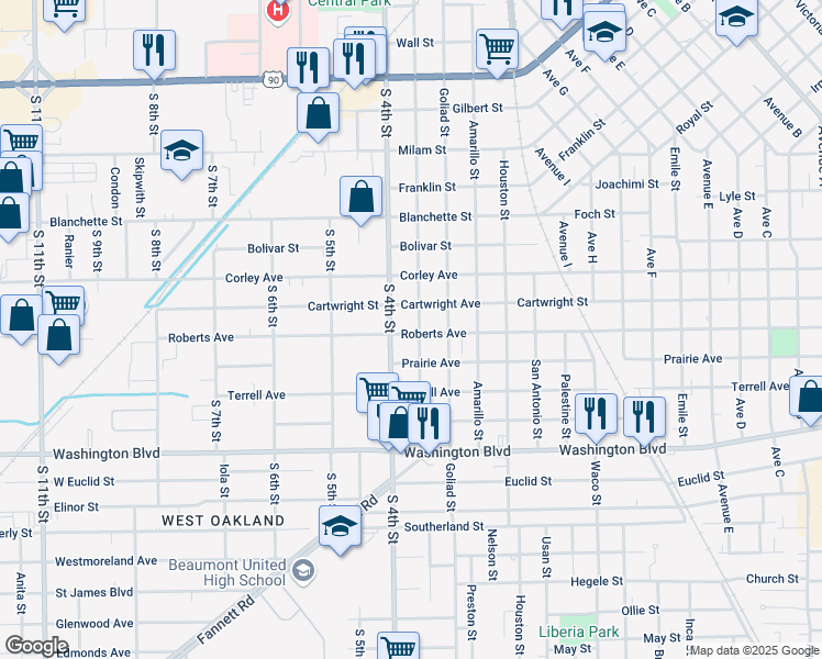 map of restaurants, bars, coffee shops, grocery stores, and more near 2690 San Jacinto Street in Beaumont