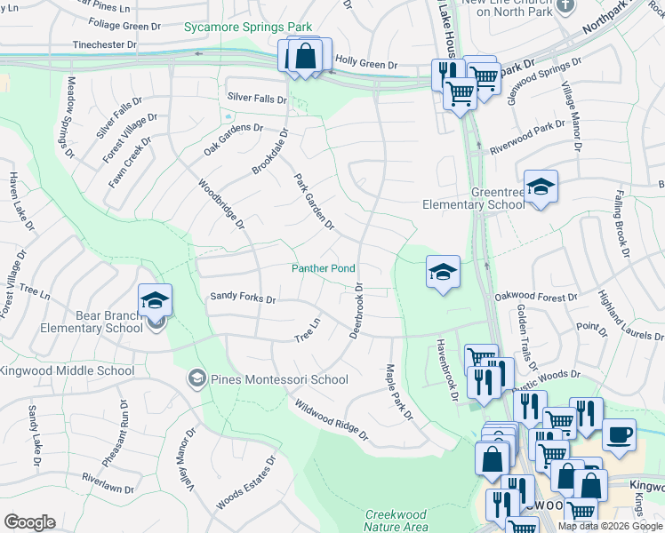 map of restaurants, bars, coffee shops, grocery stores, and more near 3118 Village Woods Drive in Houston