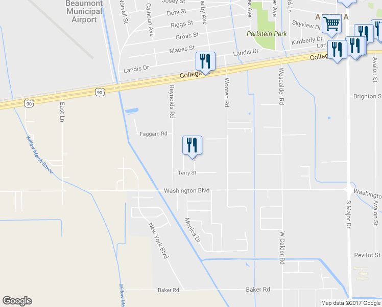 map of restaurants, bars, coffee shops, grocery stores, and more near 1670 Guy Circle in Beaumont