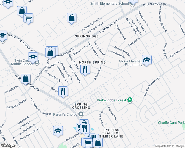 map of restaurants, bars, coffee shops, grocery stores, and more near 23918 Conefall Court in Spring