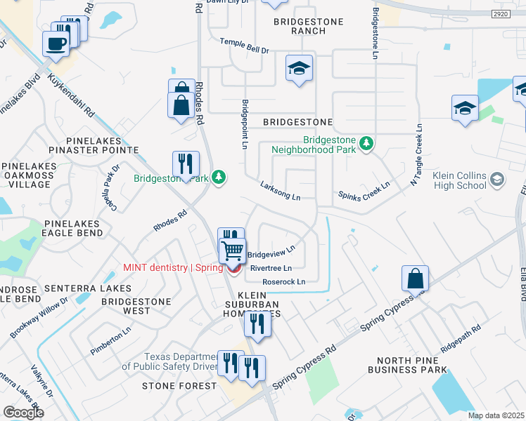 map of restaurants, bars, coffee shops, grocery stores, and more near 4727 Whispering Rock Lane in Spring