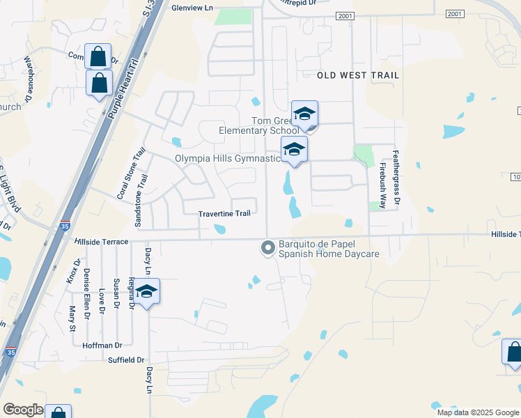 map of restaurants, bars, coffee shops, grocery stores, and more near 488 Travertine Trail in Buda