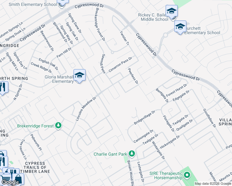 map of restaurants, bars, coffee shops, grocery stores, and more near 23323 Sawmill Pass in Spring