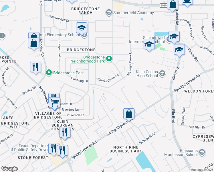 map of restaurants, bars, coffee shops, grocery stores, and more near 21107 North Tangle Creek Lane in Spring