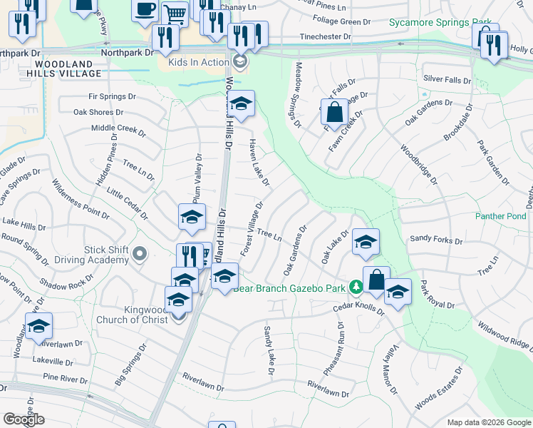 map of restaurants, bars, coffee shops, grocery stores, and more near 3514 Forest Village Drive in Humble