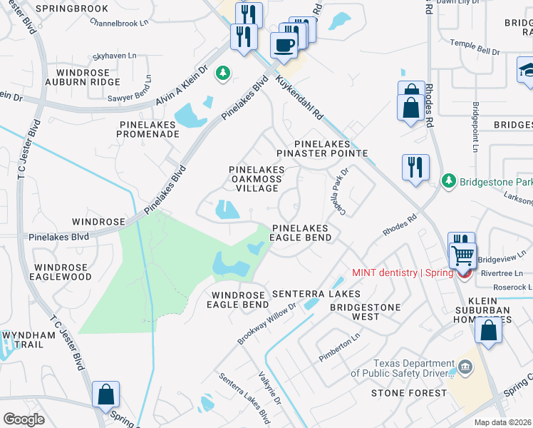 map of restaurants, bars, coffee shops, grocery stores, and more near 20311 Pinellas Park Court in Spring