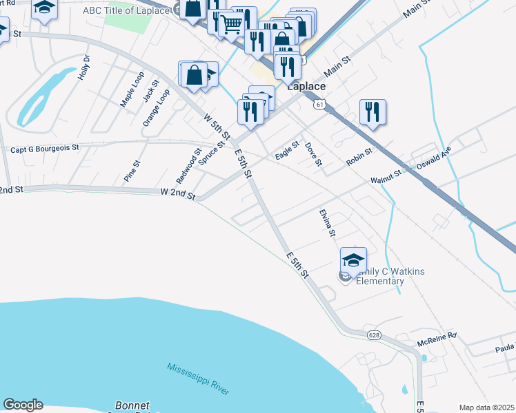 map of restaurants, bars, coffee shops, grocery stores, and more near 1109 Louisiana 628 in LaPlace