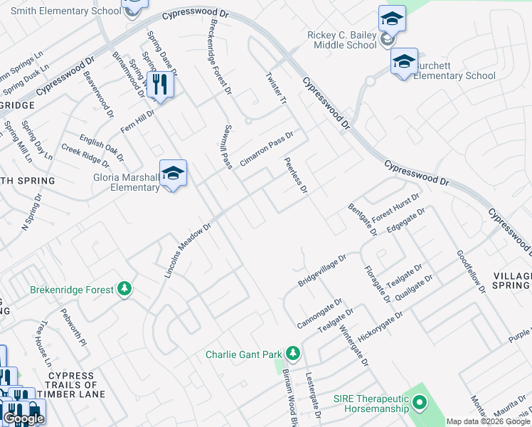 map of restaurants, bars, coffee shops, grocery stores, and more near 23323 Sawmill Pass in Spring