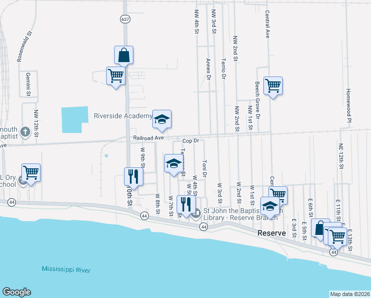 map of restaurants, bars, coffee shops, grocery stores, and more near 165 Terrance Street in Reserve