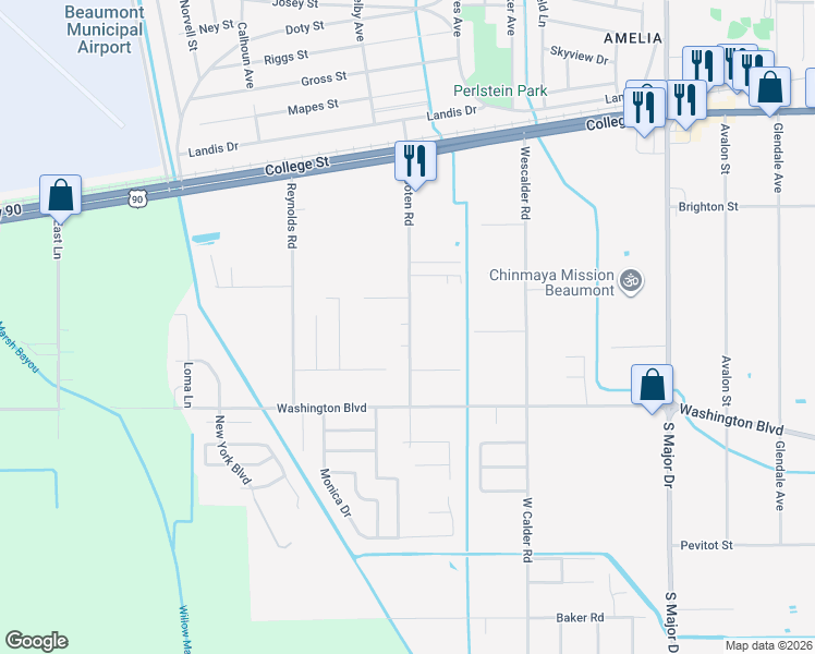 map of restaurants, bars, coffee shops, grocery stores, and more near 1676 Wooten Road in Beaumont