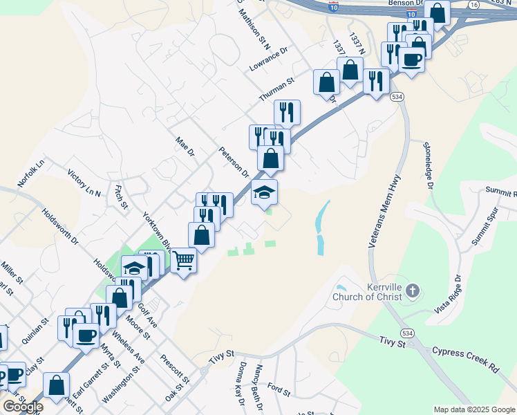 map of restaurants, bars, coffee shops, grocery stores, and more near 1607 Sidney Baker Street in Kerrville