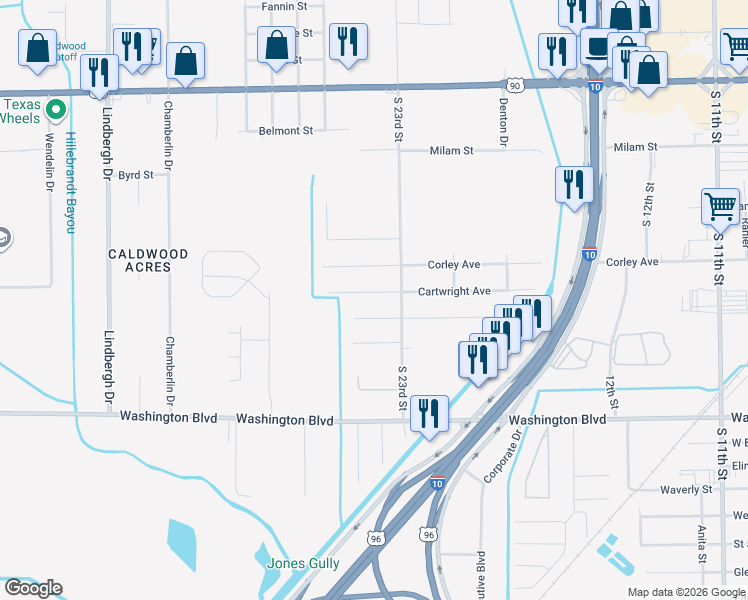 map of restaurants, bars, coffee shops, grocery stores, and more near 4660 Roberts Avenue in Beaumont