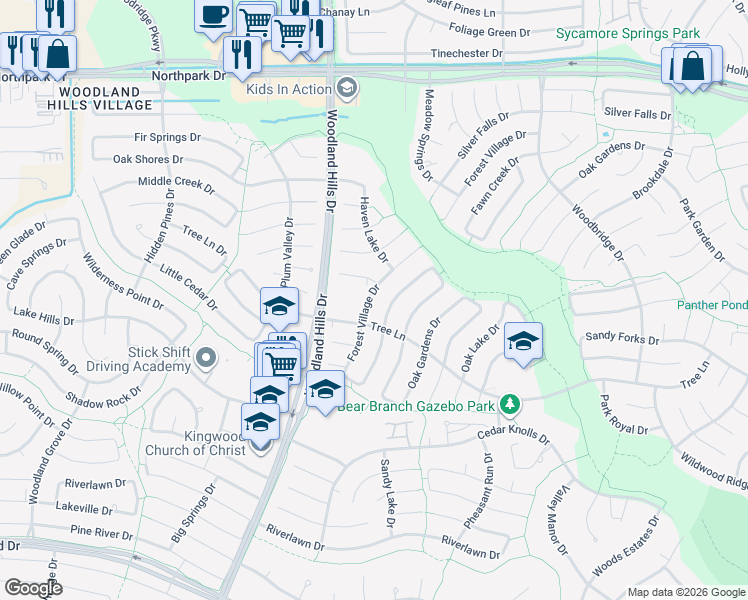 map of restaurants, bars, coffee shops, grocery stores, and more near 3514 Forest Village Drive in Humble