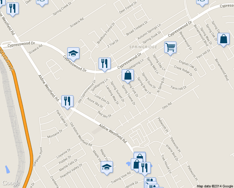 map of restaurants, bars, coffee shops, grocery stores, and more near 24126 Landing Way Drive in Spring