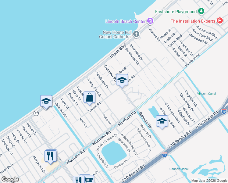 map of restaurants, bars, coffee shops, grocery stores, and more near 13219 Curran Boulevard in New Orleans