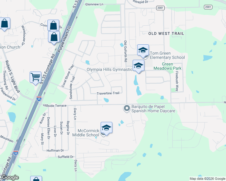 map of restaurants, bars, coffee shops, grocery stores, and more near 455 Travertine Trail in Buda
