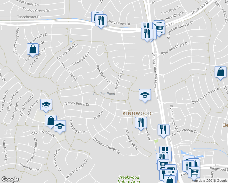 map of restaurants, bars, coffee shops, grocery stores, and more near 3719 Deerbrook Drive in Humble