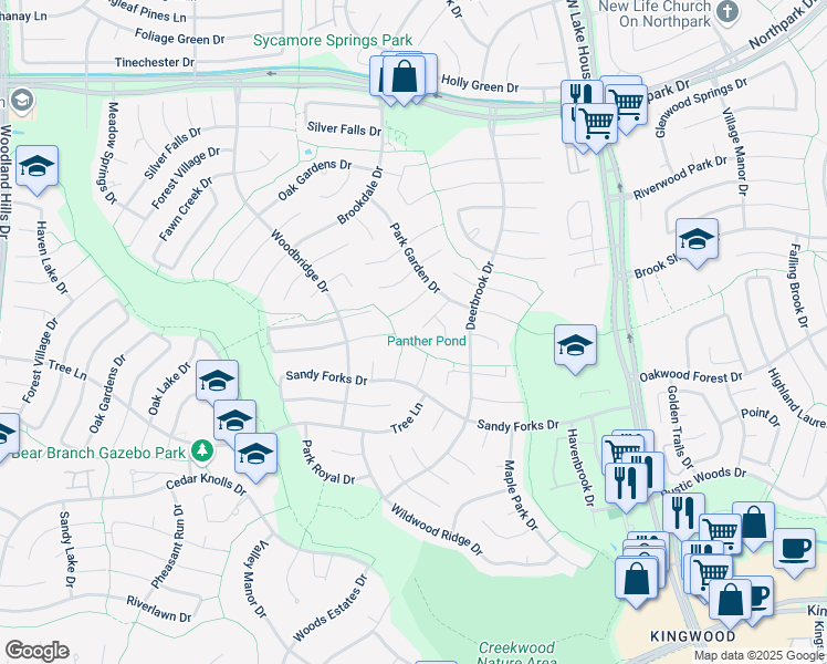 map of restaurants, bars, coffee shops, grocery stores, and more near 3703 Hickory Knob Drive in Houston