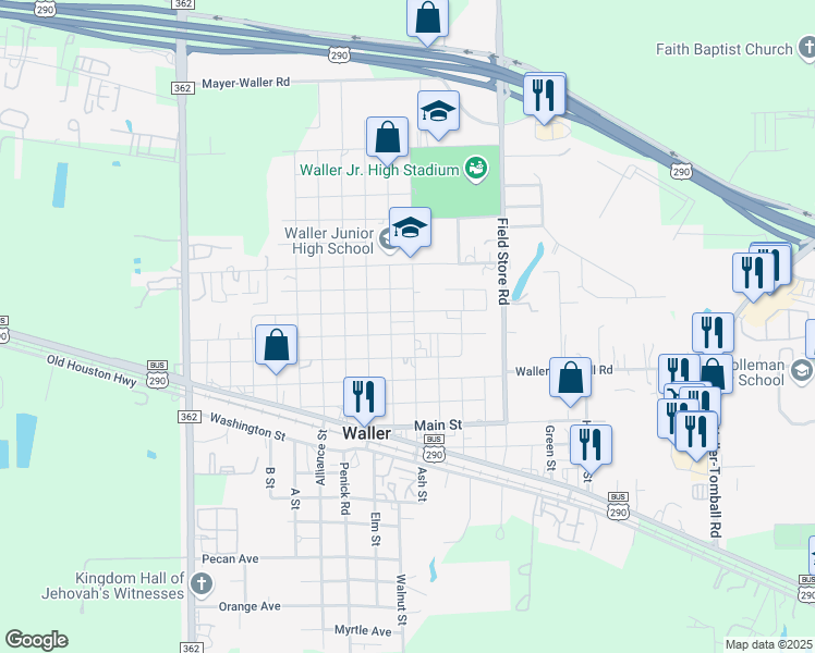 map of restaurants, bars, coffee shops, grocery stores, and more near 2306 Sledge Street in Waller