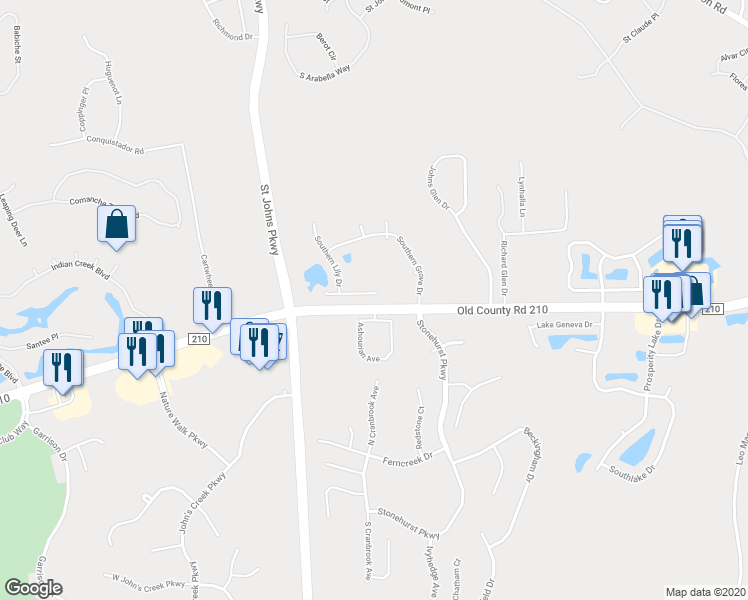map of restaurants, bars, coffee shops, grocery stores, and more near 825 Southern Belle Drive East in Jacksonville