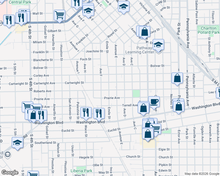 map of restaurants, bars, coffee shops, grocery stores, and more near 1850 Roberts Avenue in Beaumont