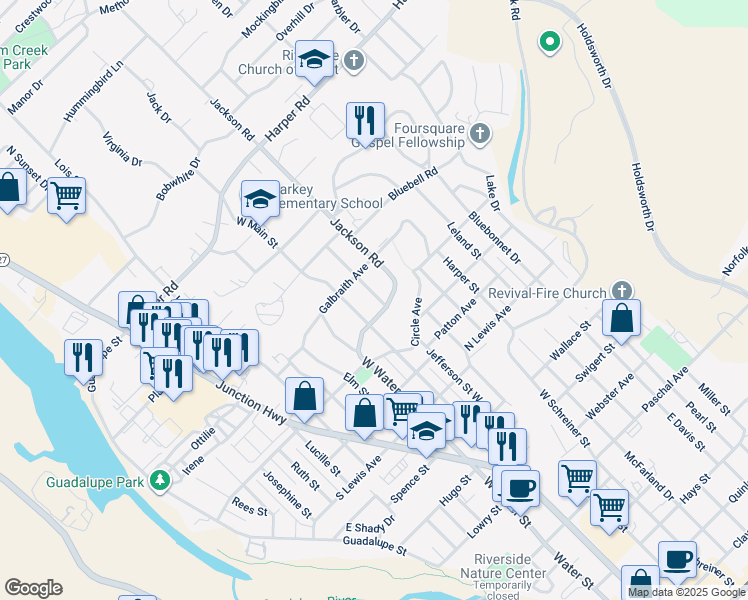 map of restaurants, bars, coffee shops, grocery stores, and more near 705 Lee Street in Kerrville