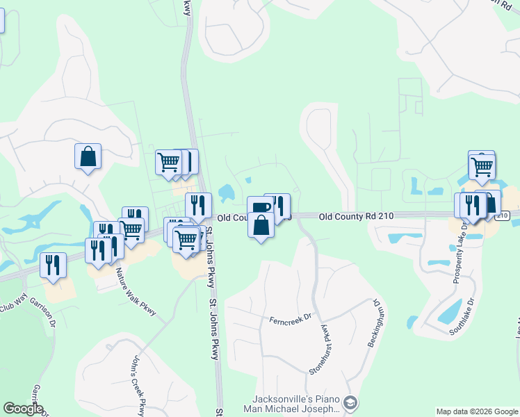 map of restaurants, bars, coffee shops, grocery stores, and more near 817 Southern Belle Drive East in Jacksonville