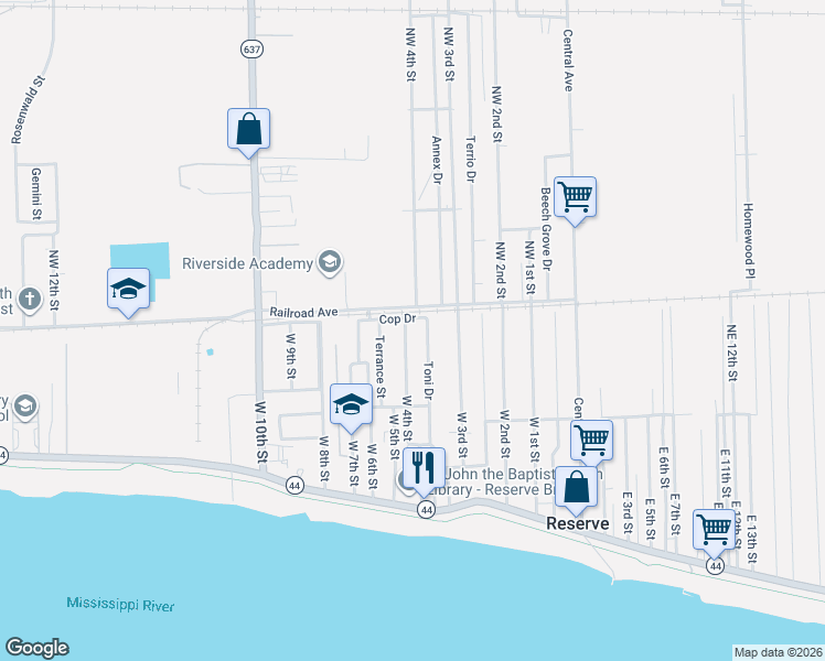 map of restaurants, bars, coffee shops, grocery stores, and more near 201 Toni Drive in Reserve