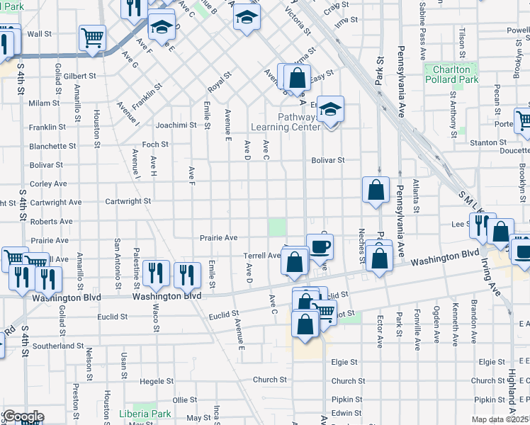 map of restaurants, bars, coffee shops, grocery stores, and more near 1614 Roberts Avenue in Beaumont