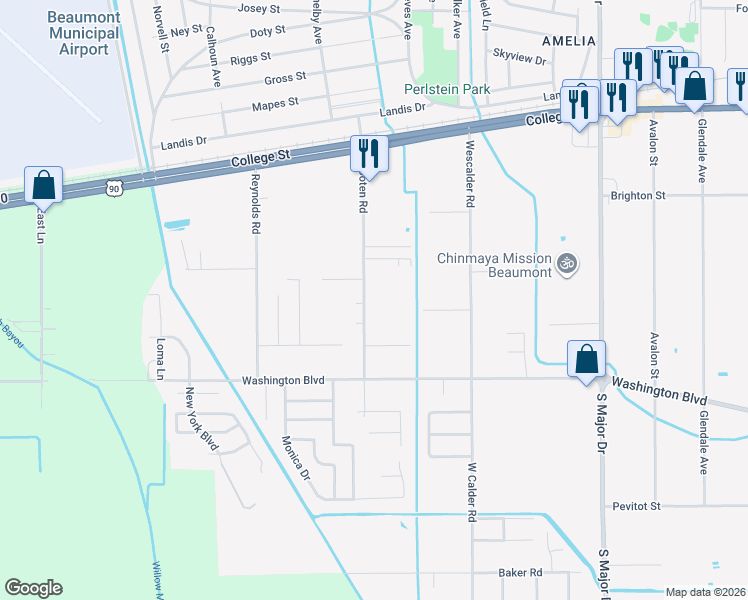 map of restaurants, bars, coffee shops, grocery stores, and more near 1676 Wooten Road in Beaumont