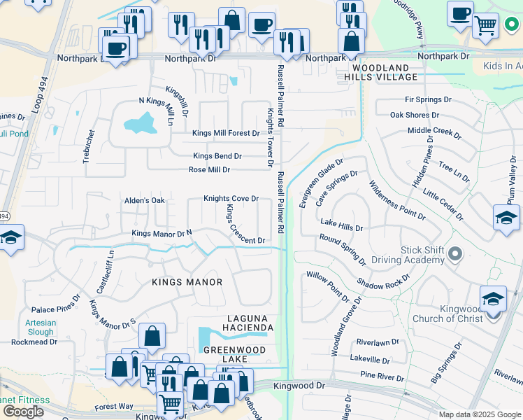 map of restaurants, bars, coffee shops, grocery stores, and more near 22865 Lantern Hills Drive in Harris County