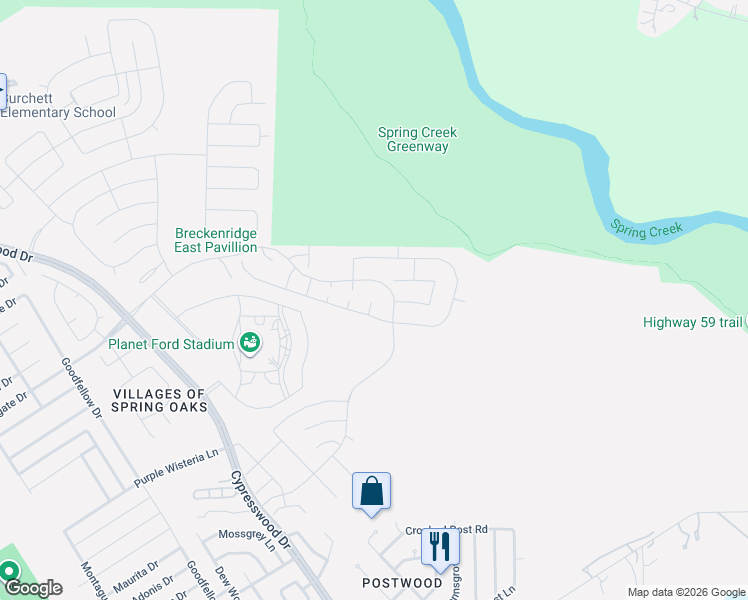 map of restaurants, bars, coffee shops, grocery stores, and more near 23822 Desert Brush Court in Spring