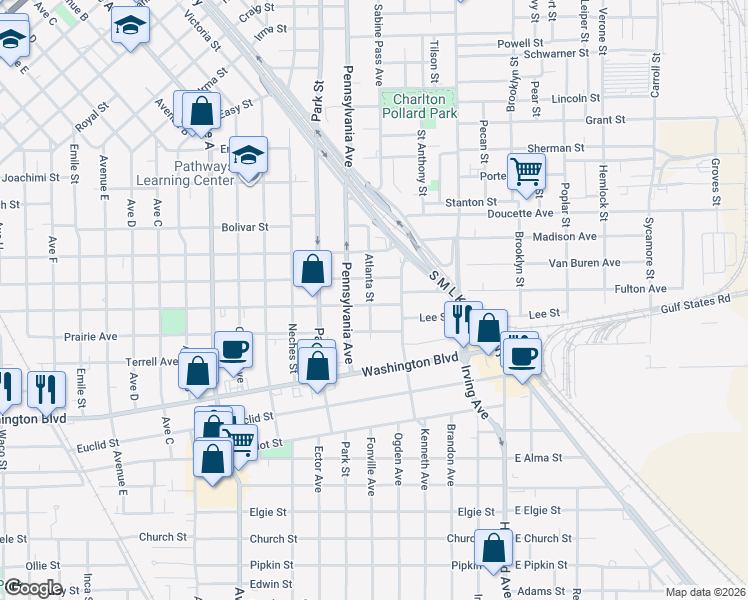 map of restaurants, bars, coffee shops, grocery stores, and more near 2710 Atlanta Street in Beaumont