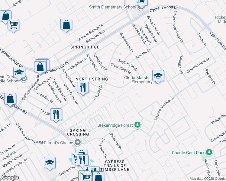 map of restaurants, bars, coffee shops, grocery stores, and more near 23823 Spring Gum Drive in Spring