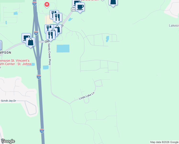 map of restaurants, bars, coffee shops, grocery stores, and more near 222 Linda Lake Lane in St. Augustine